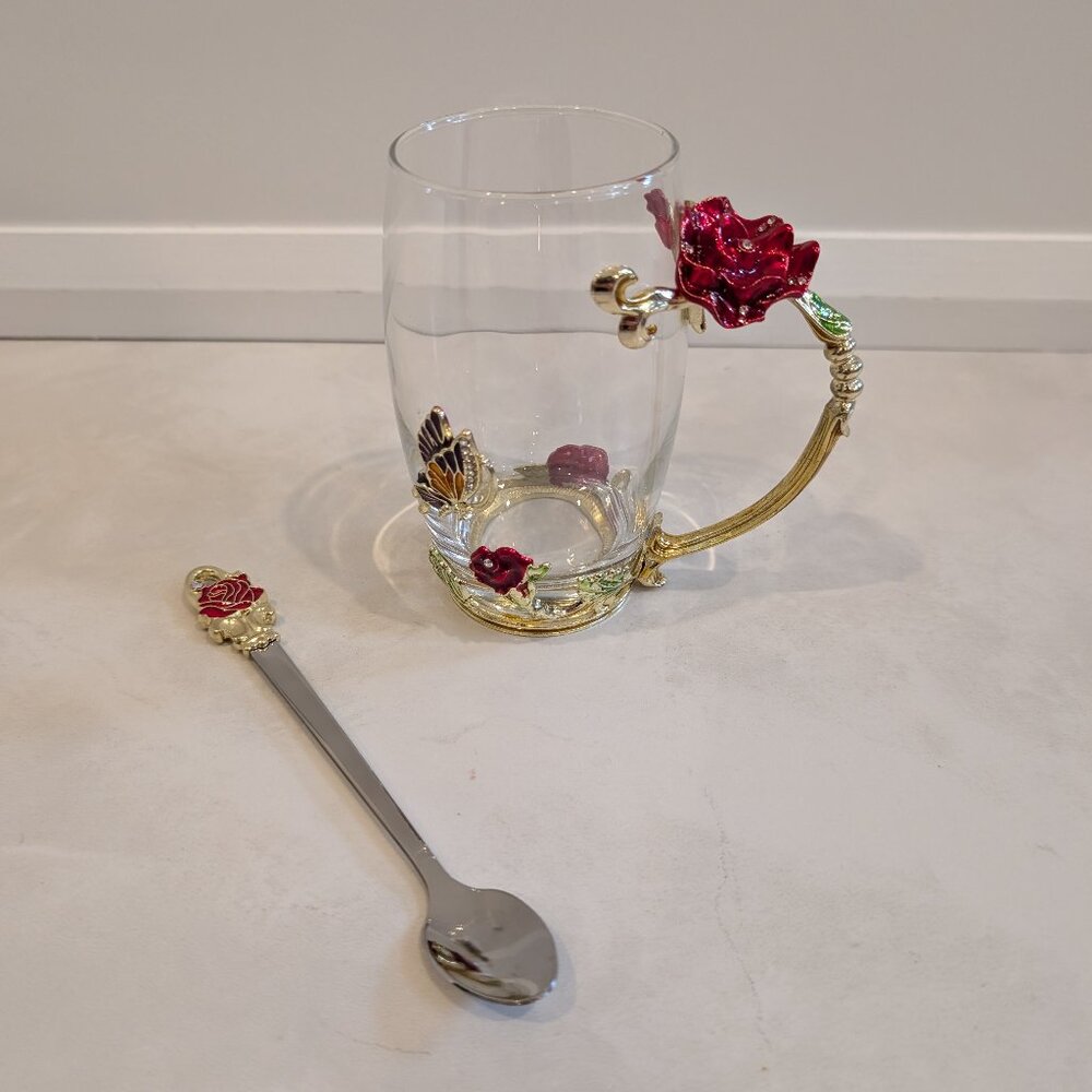 COAWG Glass Tea Cup and Spoon Butterfly and Red Rose Flower